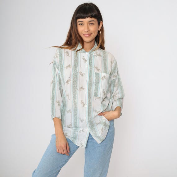 Vintage Striped Leopard Blouse 80s Safari Animal Print Shirt White Blue Surfer Top 1980s Button Up 3/4 Sleeve Large