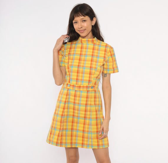 60s Plaid Mod Dress Yellow Orange Blue Check Mock Neck Cotton Mini Button Preppy Collegiate Academic Gingham Tartan Summer Vintage Small S
