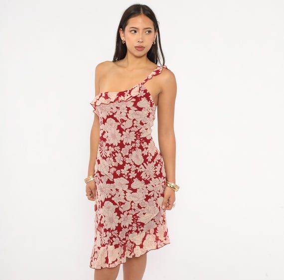 Y2K Floral Sundress One Shoulder Dress Red Cream Ruffle Neckline Feminine Garden Party Summer Cocktail Fitted Waist Cherry Crimson Large L
