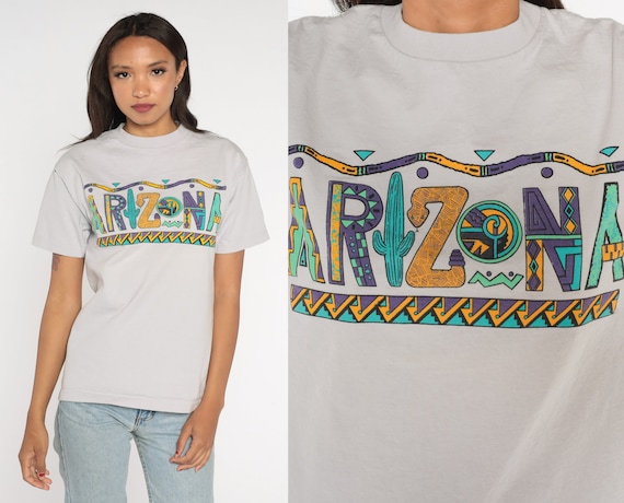 Arizona T Shirt Y2K Grey Cactus Tshirt Southwest Graphic Tee Desert Print Retro Tourist Tee Southwestern T-Shirt 00s Small Medium