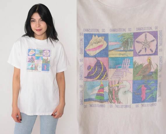 Charleston T-Shirt 90s South Carolina Shirt Beach Fish Palm Tree Shell Graphic Tee Tourist Travel Souvenir TShirt White Vintage 1990s Medium