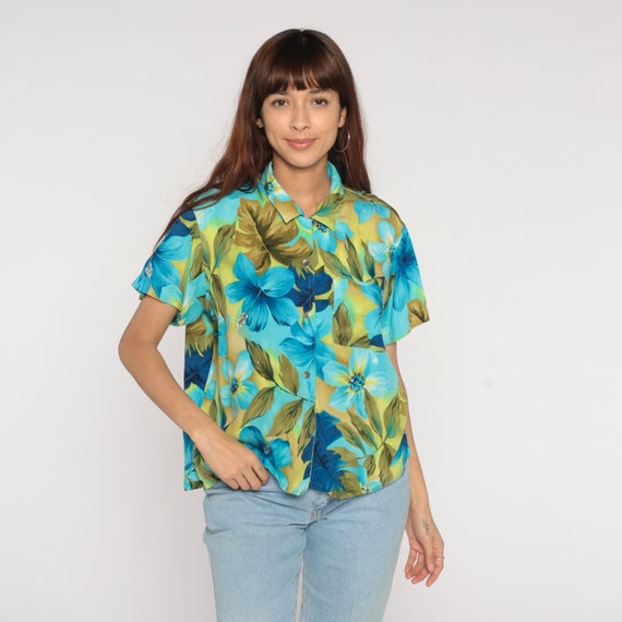 Hawaiian Blouse Y2K Tropical Floral Button Up Shirt Hibiscus Flower Leaf Print Short Sleeve Top Blue Green Vintage 00s Liz Claiborne Large L