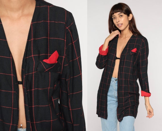 Checkered Blazer 90s Open Front Jacket Black Red Pocket Square Retro Boho Preppy Office Professional Long Cuffed Sleeve Vintage 1990s Medium
