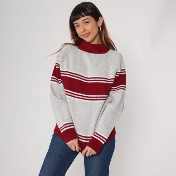 70s Striped Pullover Red Gray Stripe Sweater Mock Neck Knit Thick Ribbed Trim Long Sleeve Unisex Winter Varsity Style Preppy Nerdcore Medium