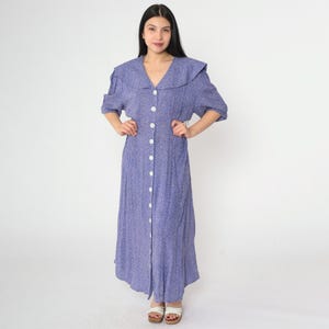 Vintage Purple Polka Dot Maxi Dress 80s 90s Short Puff Sleeve Sailor Collar Button Up Flowy 1980s Preppy V Neck Long Casual Dress Large xl