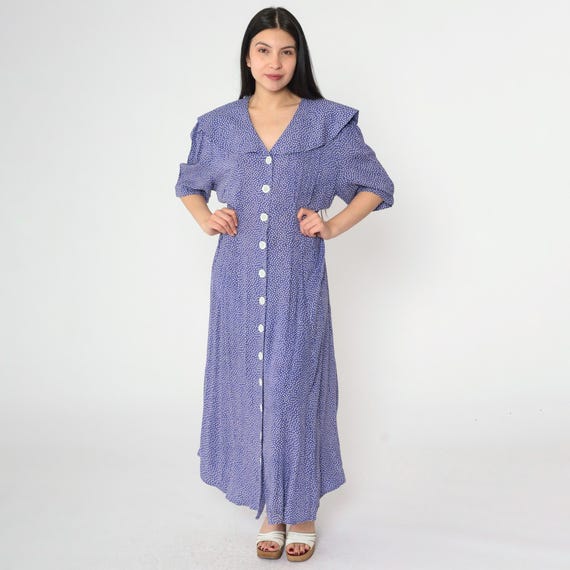 Vintage Purple Polka Dot Maxi Dress 80s 90s Short Puff Sleeve Sailor Collar Button Up Flowy 1980s Preppy V Neck Long Casual Dress Large xl