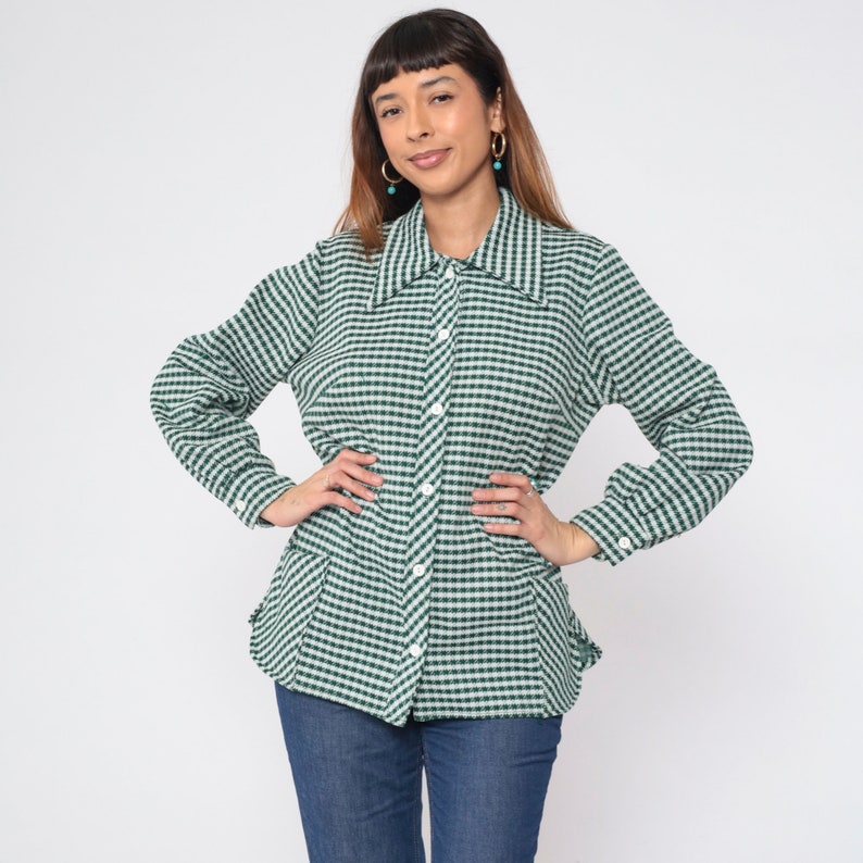 70s Checkered Blouse Button up Shirt Green White Houndstooth Check Print Top Collared Long Sleeve Longline Mod Vintage 1970s Extra Large xl image 2