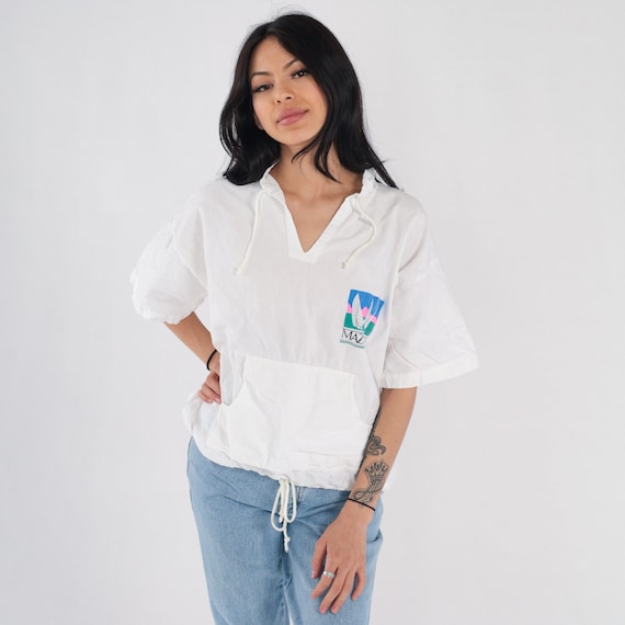 Mazatlan Shirt Y2K Mexico T-Shirt Nautical Sailboat Graphic Tee Light White Kangaroo Pocket V Neck Drawstring Retro Top Vintage 00s Medium M