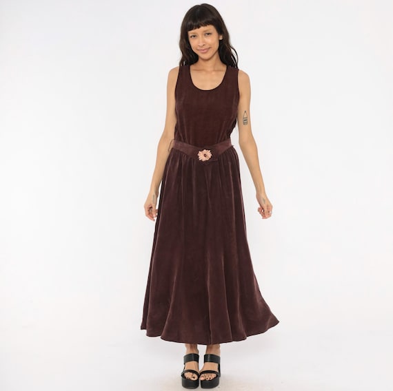 90s Plum Velvet Maxi Dress Sleeveless Floral Belt Burgundy Wine Gown Purple Evening Formal Autumn Fall Winter Grunge Small To Medium S M