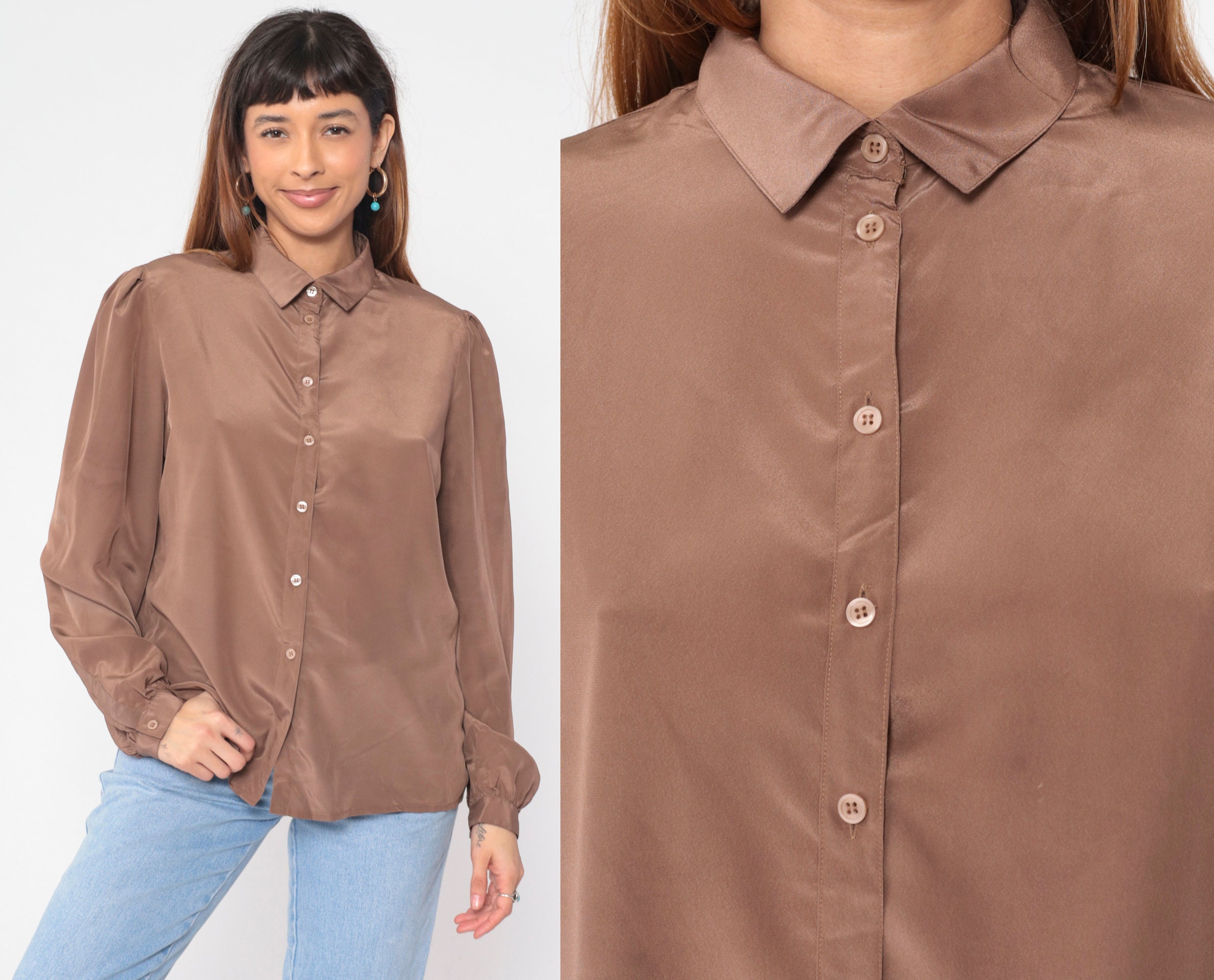 Puff Sleeve Blouse 80s Mocha Brown Top Button up Shirt Plain