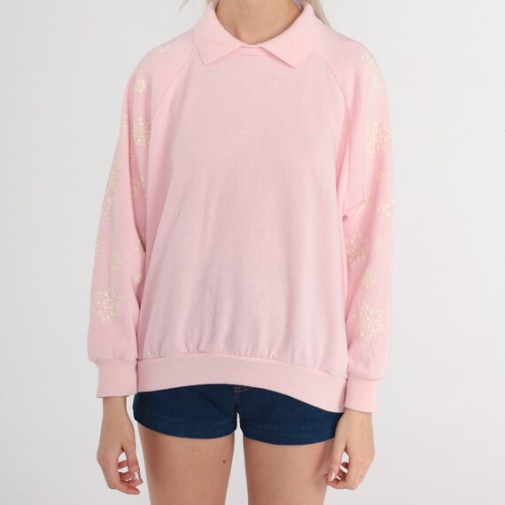 Snowflake Sweatshirt 90s Baby Pink Collared Sweat… - image 7