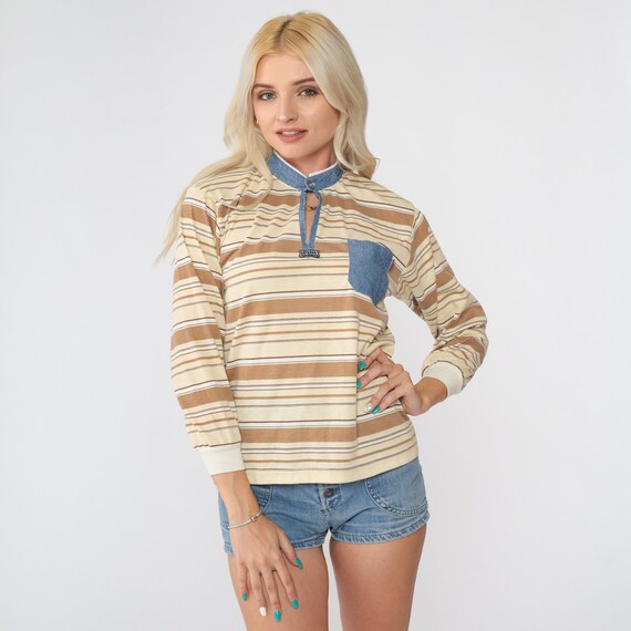 90s Shirt Yellow Brown Striped Long Sleeve Shirt Denim Collar Keyhole Shirt 1990s Tshirt Crewneck Basic Retro Tee Vintage Small Petite S