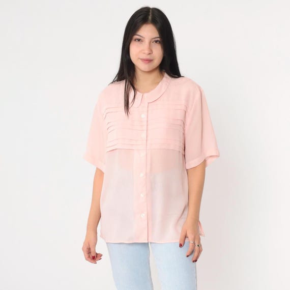 Vintage Chiffon Blouse Baby Pink Peter Pan Collar Pleated Short Sleeve Blouse 80s Top Semi-Sheer 1980s Button Up Large L