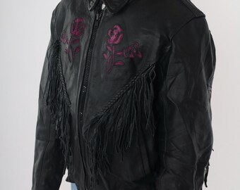Vintage 90s Leather Fringe Jacket Black Floral Purple Suede