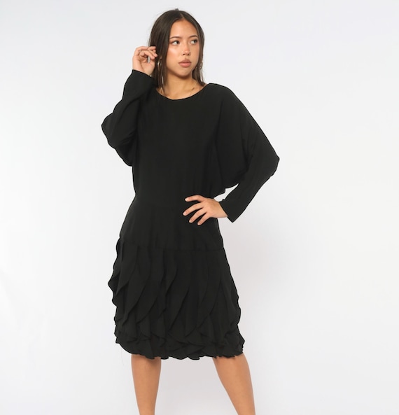 90s Black Ruffle Dress Drop Waist Tiered Hem Dolman Long Sleeve Scoop Neck Cocktail Evening Gothic Little Black Dress Night Way Medium M