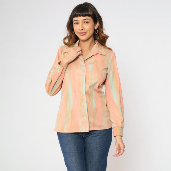 Vintage 70s Pastel Watercolor Print Blouse Button Up Shirt Peach Aqua Long Sleeve Collared Soft Abstract Pattern 1970s Disco Boho Large L
