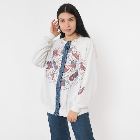 Vintage Cowboy Cardigan Sweatshirt 90s Western Boot, Guitar & Hats Button Up Sweater White DIY Southwest Applique Shirt 1990s Extra Large xl