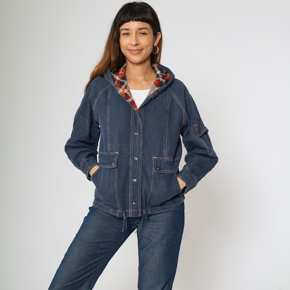 Vintage Hooded Jean Jacket 80s Denim Jacket Plaid Lined Jacket 80s Jean Hoodie Blue Coat Hood 1980s Medium M