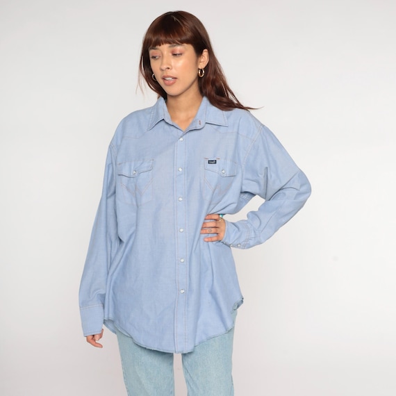 Western Wrangler Shirt 90s Light Blue Pearl Snap Long Sleeve Chambray Denim Style Workwear Cowboy Ranch Unisex Rodeo Extra Extra Large XXL