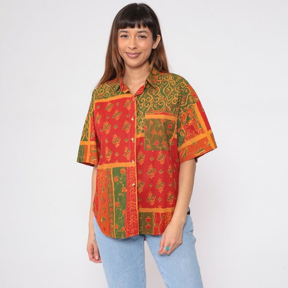 Indian Floral Shirt 90s Button up Shirt Short Sleeve Collared Batik Flower Print Top Boho Blouse Red Green Orange Cotton Vintage 1990s Large