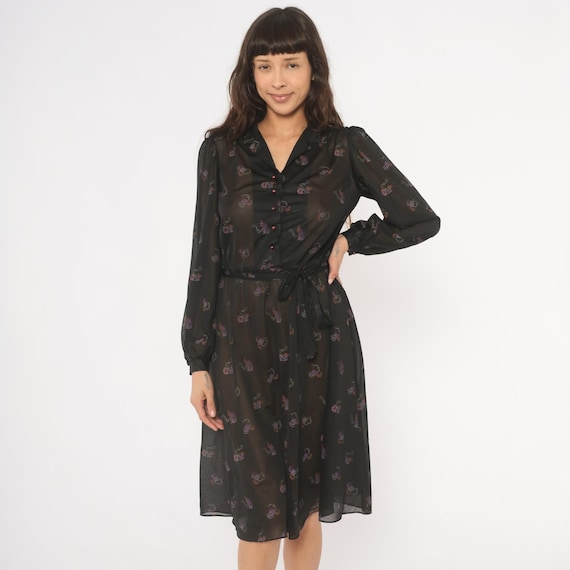 70s Sheer Floral Dress Black Purple Button Front Tie Waist Knee Length Long Sleeve Chiffon V Neck Collar Bishop Cuff Violet Print  Medium M