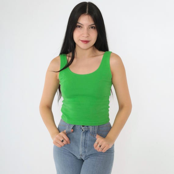 90s Bright Green Tank Top Plain Bodycon Crop Top Vintage Retro Scoop Neck Sleeveless Cropped Shirt Tight Cotton Spandex 1990s Small xs