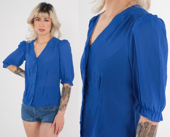 Sheer Blue Blouse 70s Puff Sleeve Top Royal Blue Button Up Shirt Retro V Neck Blouse Plain Party Top Vintage 1970s Oops Too Small S