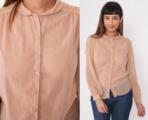 Sheer Tan Blouse 70s Thin Gauze Top Nude Peter Pan Collar Button Up Shirt Long Sleeve Retro Boho Hippie Plain Simple Vintage 1970s Small S
