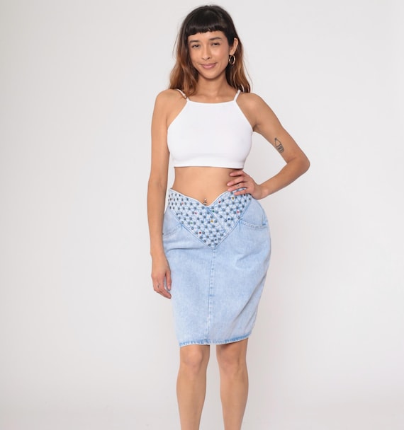 Studded Denim Skirt 90s Light Blue Embellished Pencil Vintage High Waist Jeweled Straight Fitted Cotton Feel Jean Bodycon Tight Medium M