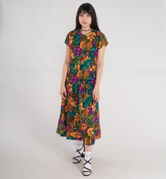 Tropical Floral Dress 90s Midi Dress Low Drop Waist Short Sleeve Day Hibiscus Flower Leaf Print Purple Green Yellow Vintage 1990s Medium 8