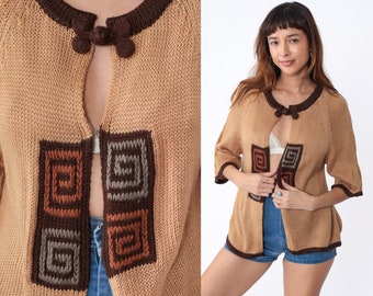 Southwestern Cardigan 70s Brown Knit Open Front Sweater Top Geometric Swirl Print Button up Boho Raglan 3/4 Sleeve Tan Vintage 1970s Medium