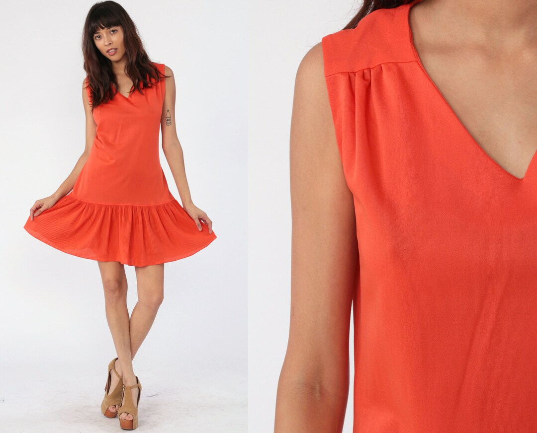 Drop Waist Scooter Dress 60s Mini Mod Orange PLEATED Gogo Drop Etsy