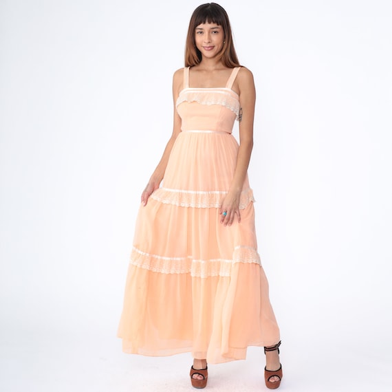 70s Prairie Dress Peach Tiered Lace Lace Sundress Boho Pastel Maxi Hippie Dress 1970s Vintage Sun Bohemian Summer High Waist Extra Small xs