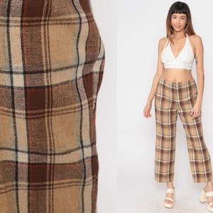 Plaid Wool Trousers 60s Tan Brown High Waisted Straight Leg Pants 1960s Trousers Orange Cream High Waisted Vintage Large L