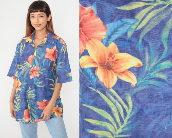 Blue Hawaiian Shirt 90s Tropical Floral Button Up Retro Summer Short Sleeve Hibiscus Flower Leaf Print 1990s Vintage Mens Extra Large xl