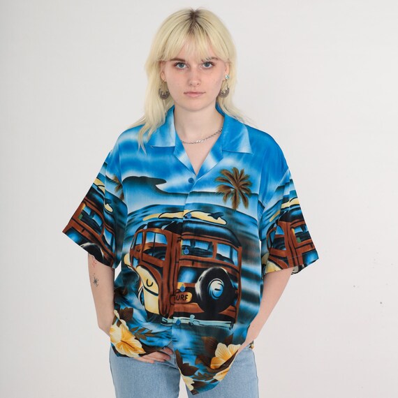 Tropical Car Shirt Y2K Surfer Blue Hawaiian Shirt Surf Button Up Woody Wagon Hibiscus Flower Print Short Sleeve Vintage 00s Mens Large L