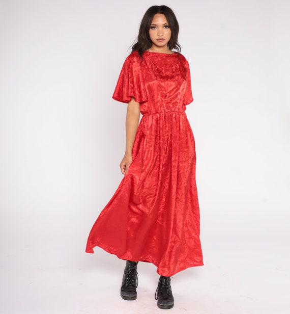 Long Red Dress 70s Maxi Party Flutter Sleeve Embossed Tropical Floral Dress Disco Grecian Going Out 1970s Boho High Waist Small Medium
