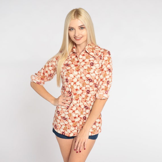 Orange Paisley Shirt 70s Floral Button up Blouse Retro Dagger Collar Top Groovy Disco Shirt Hippie Print Long Sleeve Vintage 1970s Small S
