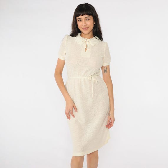 70s Sheer Knit Dress Vintage Cream Boho Puff Sleeve Midi Crochet Collar 1970s High Waist Bohemian Sweater Dress Keyhole Neck Extra Small xs