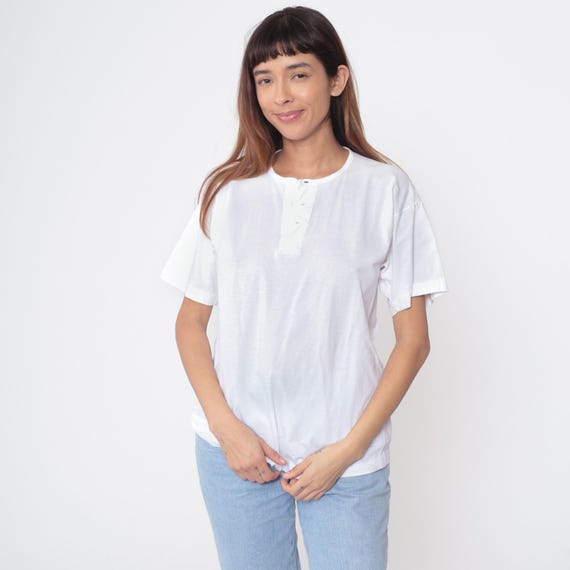 White Henley Tshirt 90s Lixin Cotton Button Placket Short Sleeve Minimal Clean Basic Vintage Everyday Casual Summer Layering Medium M