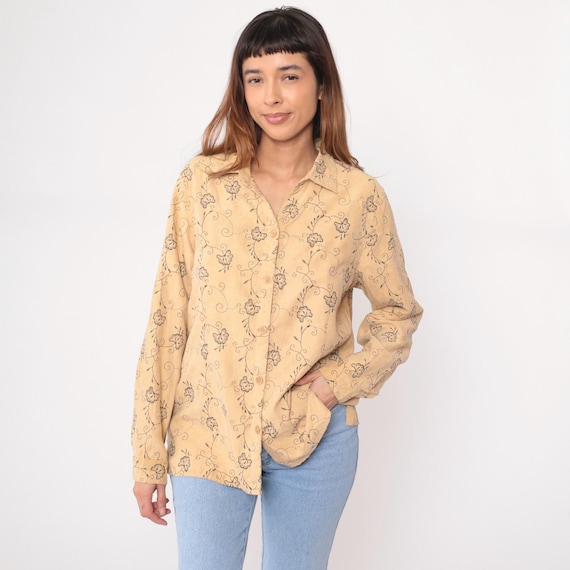 Floral Embroidered Blouse 90s Cream Yellow Small Flowers Vine Swirl Print Long Sleeve Vintage Collared Work Shirt Spring Office Large L