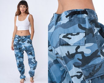 Camo Army Pants 90s Blue Cargo Pants Military Combat Camouflage Grunge Aesthetic Punk Rocker Vintage 1990s Medium R Regular