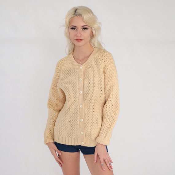 60s Cardigan Cream Chunky Knit Button Up Sweater Retro Open Weave Simple Neutral Basic Bohemian Knitwear Vintage 1960s Medium M