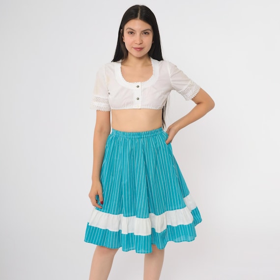 Western Prairie Skirt 80s Turquoise Striped Tiered Ruffles Kate Schorer Cotton Square Dance Folk Country Rodeo Americana Style Small XS S
