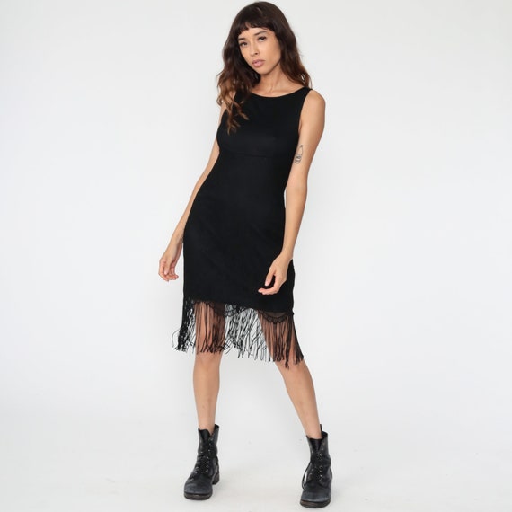 Black Fringe Dress LACE Flapper Gothic Mini 90s B… - image 2