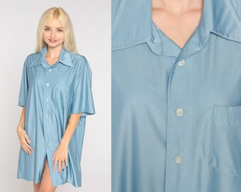 70s Blue Shirt 70s Disco Shirt Shiny Button up White Top Stitch Collared Short Sleeve Plain Basic Nylon Vintage 1970s Mens Extra Large xl