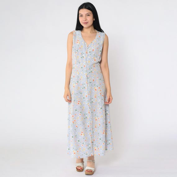Vintage Sleeveless Floral Dress 90s Grey-Blue Maxi Boho Button Up Ankle Length Dress 1990s Bohemian V Neck Long Summer Medium