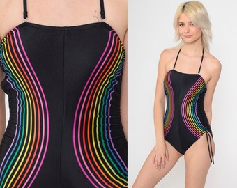 Rainbow One Piece Swimsuit 80s Halter Neck Bathing Suit Striped Swim Suit 1980s Vintage Black Ruched Retro Bohemian Extra Small xs