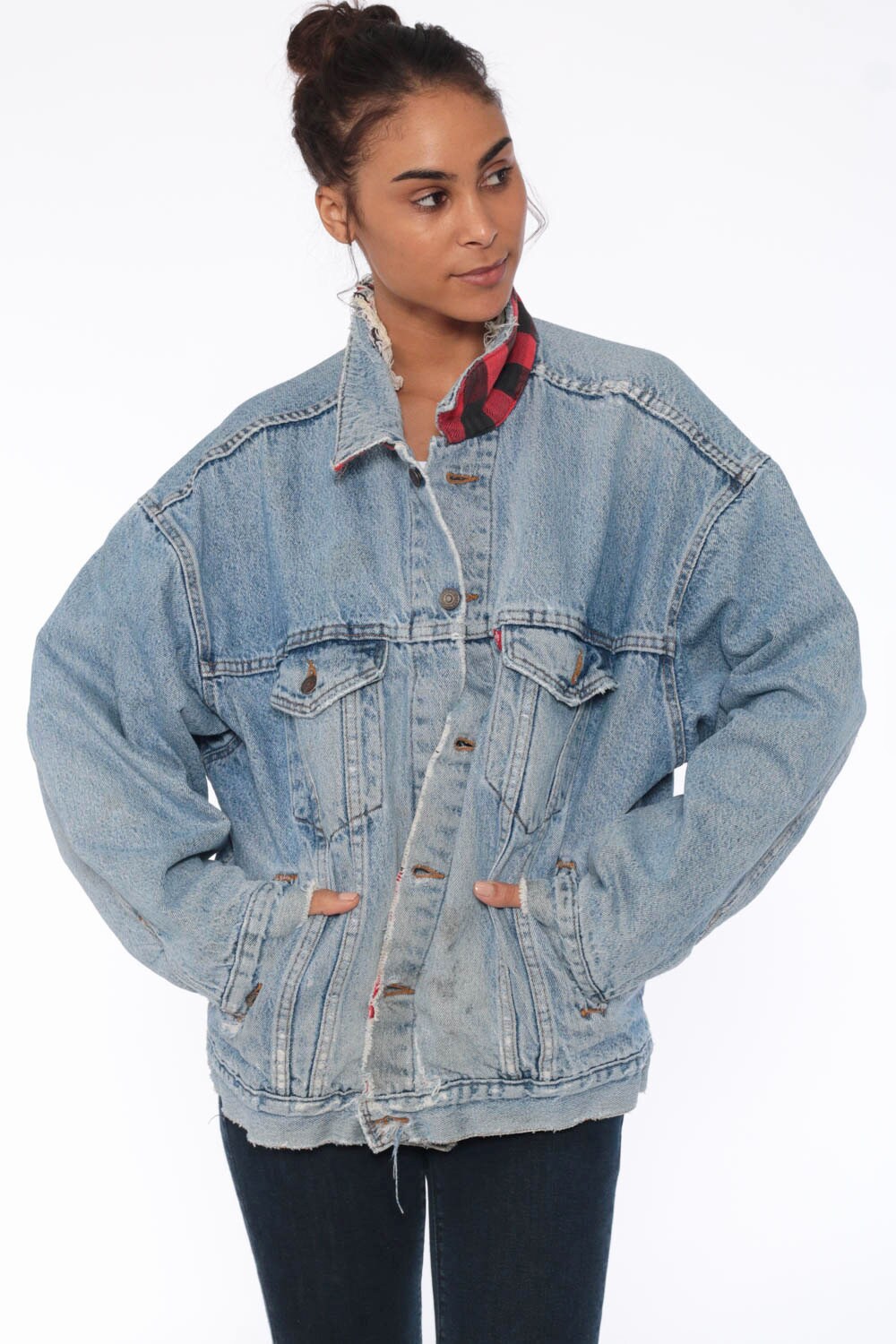 90s Levis Jean Jacket -- 80s LEVI Denim Jacket Buffalo PLAID Lined Trucker Blue Biker Vintage 