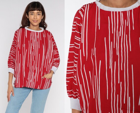 80s Striped Shirt -- Batwing Sleeve Top Red White Slouchy Shirt Dolman Blouse Vintage Slouch 3/4 Sleeve Shirt Extra Large xl 2xl xxl